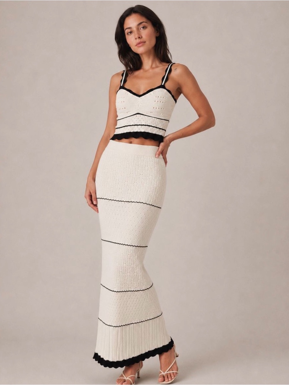 Commense Cream Maxi Skirt with Black Trim and top with trim
